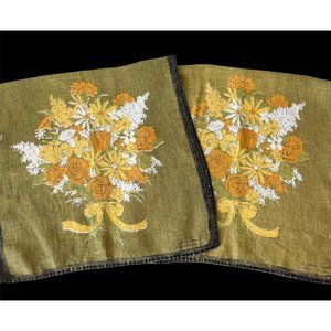Set of 2 Luther Travis Avocado Green Linen Tea Towels Vtg 1970s Fallani & Cohn